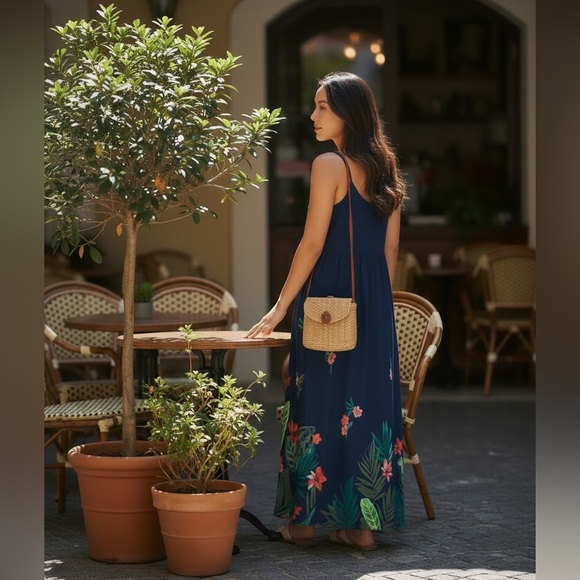 - Old Navy large Blue Tropical Maxi dress Back total stretch - Picture 2 of 9